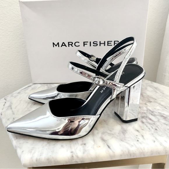Marc Fisher Doster Slingback Block Heels Pumps in Metallic Silver 6 - Picture 4 of 11